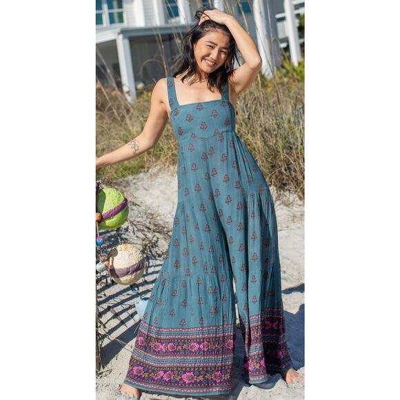 Natural Life Pants - Natural Life Boho Wide Leg Jumpsuit Blue Floral Print Sleeveless Romper Sz L